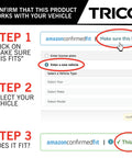 Instructions for confirming fit of Exact Fit 12 Inch Rear Wiper Blade For Select Chevy, Dodge, Fiat on Amazon vehicle selector.