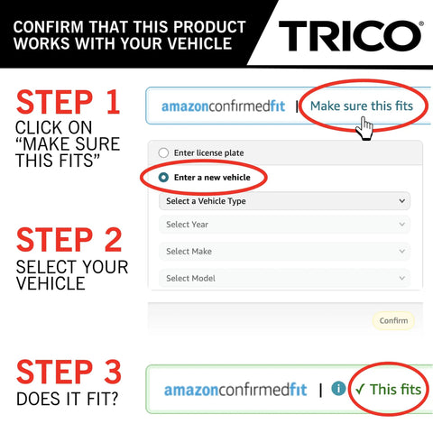 Instructions for confirming fit of Exact Fit 12 Inch Rear Wiper Blade For Select Chevy, Dodge, Fiat on Amazon vehicle selector.