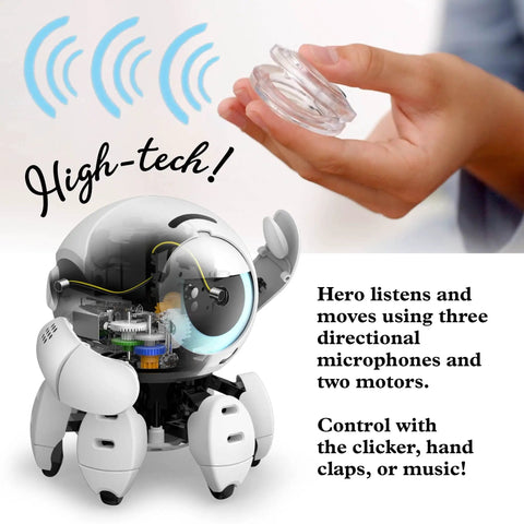 Sound Sensing Robot STEM Kit Build a Dope Sound Reacting Bot at Home Learn Engineering and Spatial Hearing With Screen Free Hands On Assembly Featuring Two Motors and Three Microphones for Real World Sound Reactions, white robot with hand and sound waves