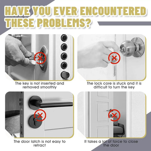 Four common lock issues: key insertion, turning lock core, retracting door latch, and closing door, addressed by Lock Lube Graphite Powder For Keyholes And Lock Cores Keeps Doors And Drawers Moving Smoothly In The Garage Home Office Dorms RVs And Workshops A Friction Fighting Lubricant That Prevents Jams And Extends Lock Life.