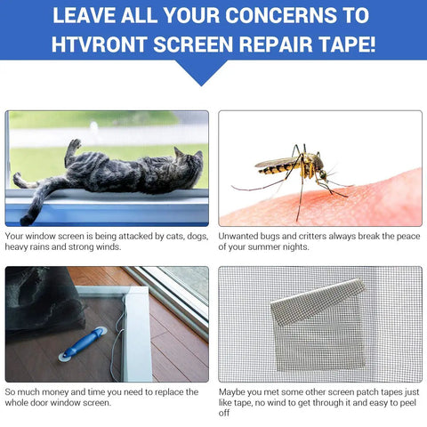 Image of Easy Patch Window Screen Repair Kit with fiberglass mesh tape and examples of screen damage by pets and insects.