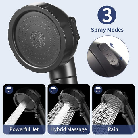 High Pressure Shower Head With Pause Button And Three Spray Modes For RV Camper No Hassle Water Saving Handheld Shower With Hose And Adjustable Self Adhesive Holder Black showing powerful jet, hybrid massage, and rain modes.