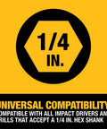 Universal compatibility badge showing 1/4 in. hex shank on yellow/black background