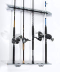 Oversized Distressed Finish Ceiling Rod Rack With Track Rack System For Large Freshwater Rods And Saltwater Combos mounted with rods