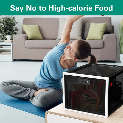 Woman doing yoga near Lockable Medication Storage Box With Code For Medicine And Personal Items Ideal For Dorm Home Or Office Keeps Meds And Phone Safe From Kids Fridge Black, placed on table, box with snacks inside.