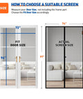 Diagram showing Magnetic Screen Door For 72 By 96 Inch Opening Fits 74 By 97 Screen Heavy Duty Fiberglass Mesh measurements.