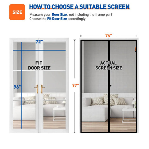 Diagram showing Magnetic Screen Door For 72 By 96 Inch Opening Fits 74 By 97 Screen Heavy Duty Fiberglass Mesh measurements.