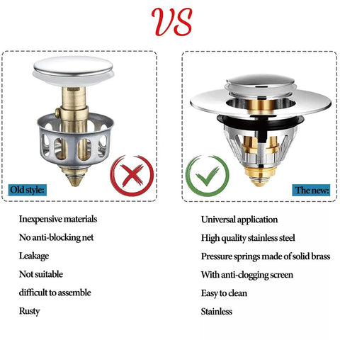 Comparison of old style vs new Premium Bathroom Sink Pop Up Plug Drain Filter For 1.2 To 1.42 Inch Basins Stainless Steel Hair Catcher