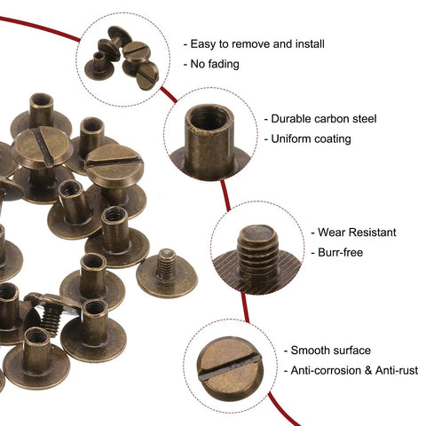 Hardcore Heavy Duty Carbon Steel Chicago Screws For Genuine Leather Badass Bronze M4 X 6MM Binding Studs And Rivets close-up view.