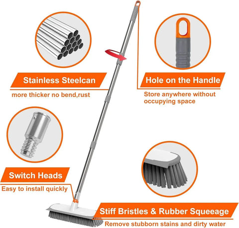 Mean 2 In 1 Deck Scrub Brush With Long Handle Heavy Duty Floor Cleaner Scrubber With Stiff Bristles And Built In Squeegee