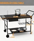 Side view of Outdoor Pizza Oven Table With Topping Station And Prep Cart For Blackstone Griddles, dimensions and storage shown.