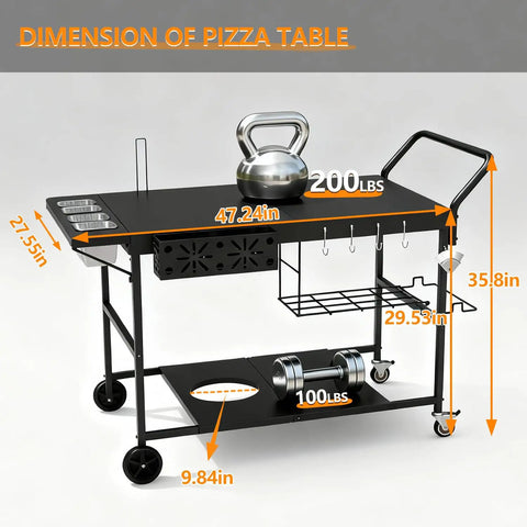 Side view of Outdoor Pizza Oven Table With Topping Station And Prep Cart For Blackstone Griddles, dimensions and storage shown.