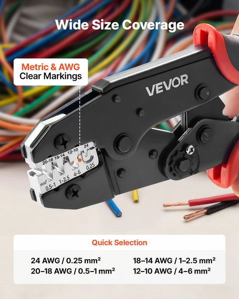 Ratcheting Wire Crimpers For 10 To 24 Awg Cables Featuring No Sweat Jaws And Clearly Labeled Metric Gauge Scales, showing size markings.