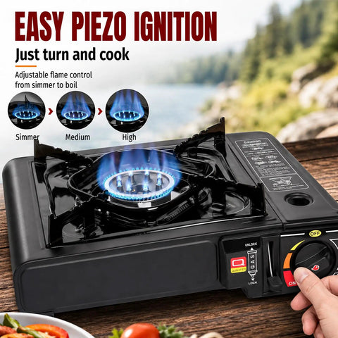 Dual Fuel Camping Stove Run On Butane Or Propane, Portable Outdoor Cooking Gear With Included Propane Adapter Hose And Carrying Case, Delivers 7800 BTU for easy piezo ignition and flame control