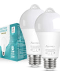 Motion Sensor LED Bulbs Dusk To Dawn 13W 100W Equivalent Auto On Security Lighting For Indoor Outdoor 5000K Cool White, 12Ft 18Ft Range, Stays On 30 Seconds, Two Pack, with box