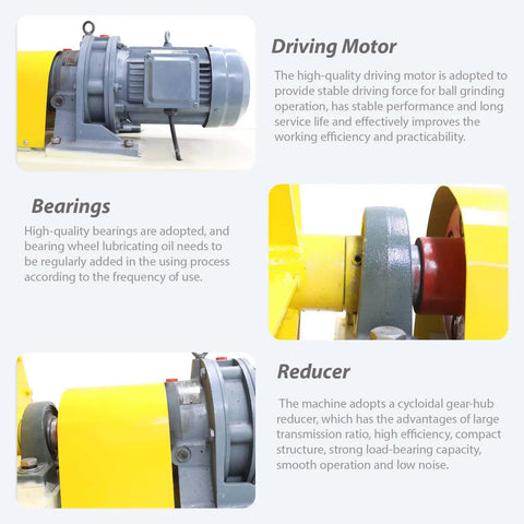 Detailed view of Heavy Duty Beast Horizontal Drum Ball Mill motor, bearings, and reducer for wet grinding with ceramic lining.