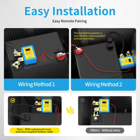 Heavy Duty 12V Car Kill Switch With Remote Battery Disconnect, 240A Peak, LED Voltage Display, wiring methods shown