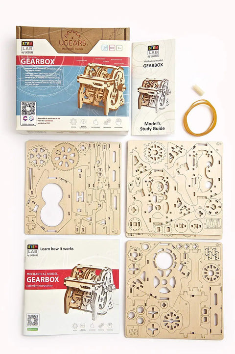 Gearbox Wooden Model Kit For Adults Teens And Kids Hands On DIY Mechanical STEM 3D Puzzle With App Learning Transmission Gears And Torque Realistic Moving Parts Durable Wood Construction Great Gift For Makers, wooden kit parts and guide
