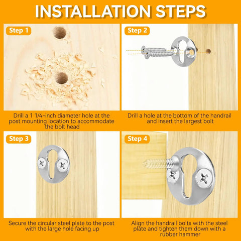 8 Piece Newel Post Fastener Hardware Kit With Aluminum Sliders And 304 Stainless Steel Fixing Screws For Stair Railings, No Fuss Easy Install Mounting System For Quick Home Improvement., 4-step installation guide for wooden stair railing newel post hardware