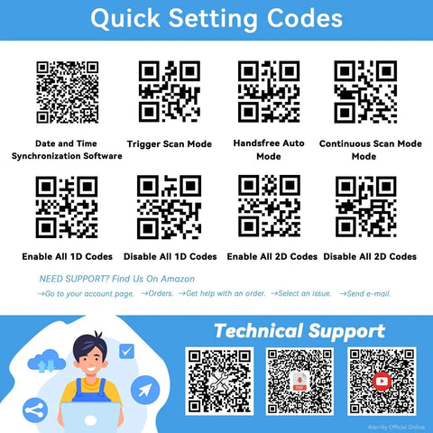 Quick setting codes for barcode scanner features including date sync, scan modes, and technical support QR images.