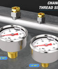 Stainless Steel Liquid Filled Pressure Gauge 0 To 30 Psi With 1/8 NPT Connection And 1.5 Inch Dial Back Mount front view with hex bushings