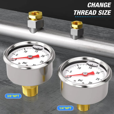 Stainless Steel Liquid Filled Pressure Gauge 0 To 30 Psi With 1/8 NPT Connection And 1.5 Inch Dial Back Mount front view with hex bushings