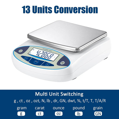 High Precision Digital Lab Scale 6000g X 0.01g With 13 Unit Conversions Large LCD Display Analytical Balance shown with units on screen