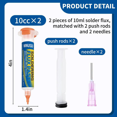 No Clean Rosin Soldering Flux Paste Pro Grade For Electronics Precision Soldering 2 Pack Handy Syringe 10cc Each with push rods and needles
