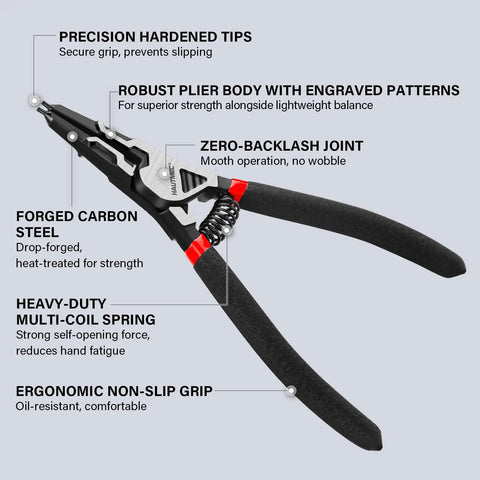 Pro-Grade 4-Piece High Leverage Snap Ring Pliers Set with ergonomic grips and heavy-duty multi-coil spring