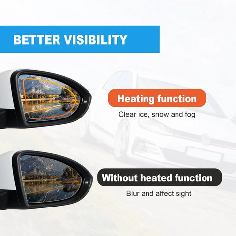 Comparison of Passenger Right Side Heated Mirror Glass for Volkswagen Golf Mk7 2015 2021 with without heating function, clear view vs blurred.