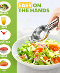 Heavy Duty Lemon Squeezer Juicer Hand Press used over a salad, showcasing ergonomic design and stainless steel construction for easy juicing.