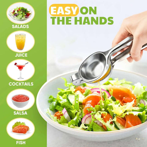 Heavy Duty Lemon Squeezer Juicer Hand Press used over a salad, showcasing ergonomic design and stainless steel construction for easy juicing.