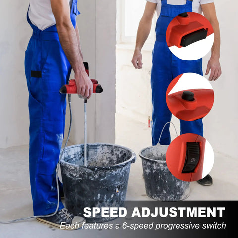 Workers using Super Powerful 2100 Watt Electric Handheld Portable Cement Mixer With Adjustable Six Speeds Perfect For Mixing Concrete.