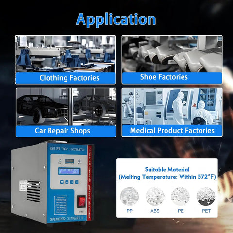 Pro Grade Handheld Ultrasonic Plastic Welding Machine With LCD Display and application areas like factories and repair shops.