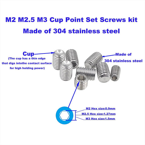 M2 M2.5 M3 Cup Point Set Screws kit made of 304 stainless steel, ideal for secure fastening in tight spaces.