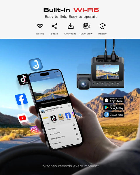 4K 3 Channel Dash Cam With Front Rear And In Cabin Coverage, Starvis 2 Sensor, WiFi 6, smartphone app integration display