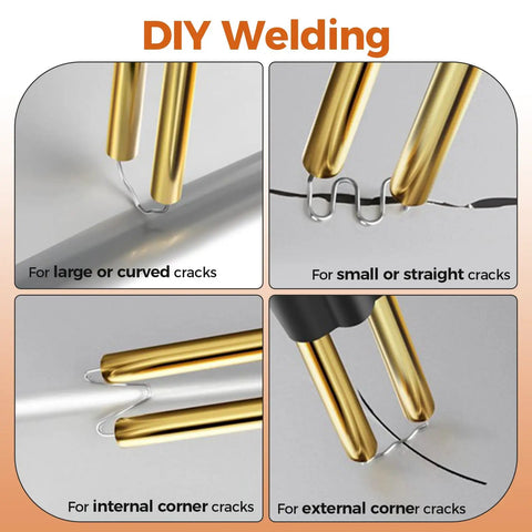 Plastic Welding Staples Repair Kit With 3000 Hot Staples in action for various crack types in DIY plastic repairs.