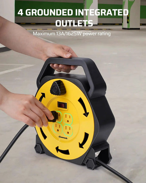 Person using Retractable 25 Feet Extension Cord Reel With 4 Grounded Outlets And 13 Amp Breaker, 16/3 SJTW Cord