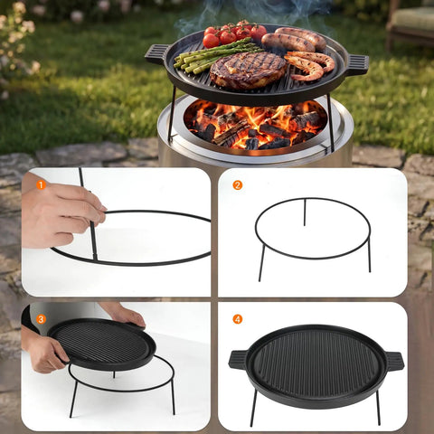Collage of Cast Iron Griddle Pan For Solo Stove Ranger Fire Pit 14 Inch Cooking Surface Double Sided Reversible Grill With Detachable Legs