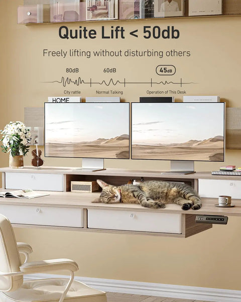 Fezibo 60 By 30 Inch Electric Standing Desk With Drawers Light Rustic Brown Finish showcasing dual monitors and a cat sleeping.