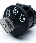 Heavy Duty Ignition Switch With Protective Umbrella Key for lawn tractors and spare key, shown from side angle.