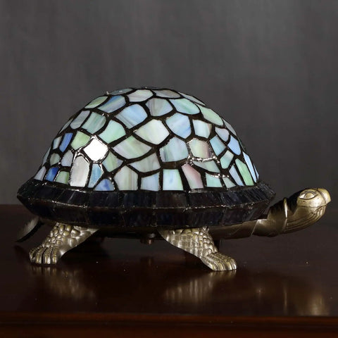 Blue Tiffany Style Stained Glass Accent Table Lamp Night Light For Bedroom And Living Room, turtle shape, handcrafted glass shade.
