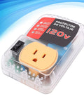Ride Safe Voltage Protector And Surge Block Outlet keeps your fridge, air conditioner and TV safe with clear housing and a yellow plug.