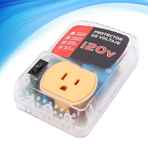 Ride Safe Voltage Protector And Surge Block Outlet keeps your fridge, air conditioner and TV safe with clear housing and a yellow plug.