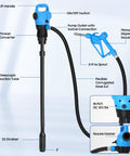 Hassle Free Electric Drum Pump With Telescopic Suction Tube And Swivel Nozzle Plug Into 120V Ac Or Run On 12V Dc showing components and features.