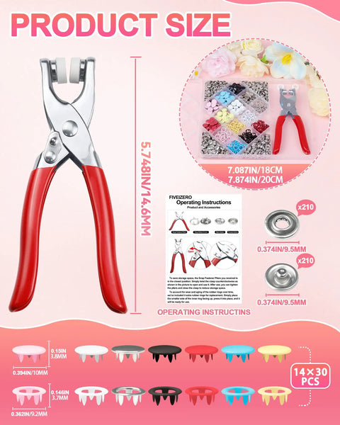 Killer 10mm Metal Snap Buttons With 200 Pieces And Hella Sturdy Press Pliers For Sewing Projects Includes Seven Vivid Shades and size details.