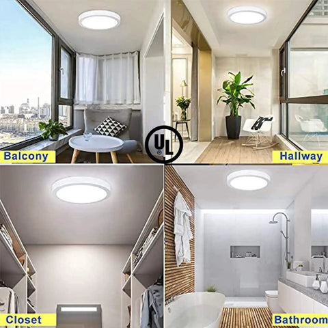 Modern LED Flush Mount Round Ceiling Light 18W 1400LM Surface Mount Panel 5000K Daylight White in different room settings