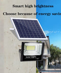 Solar Light Outdoor Garden Flood Light 150W 200W 300W Led Super Bright with solar panel mounted on a wall.