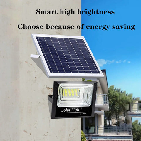 Solar Light Outdoor Garden Flood Light 150W 200W 300W Led Super Bright with solar panel mounted on a wall.