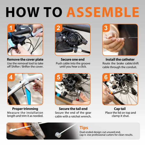 Step-by-step assembly guide for Ultimate Universal Bike Cable Kit with visuals for smooth shifting and braking upgrades.